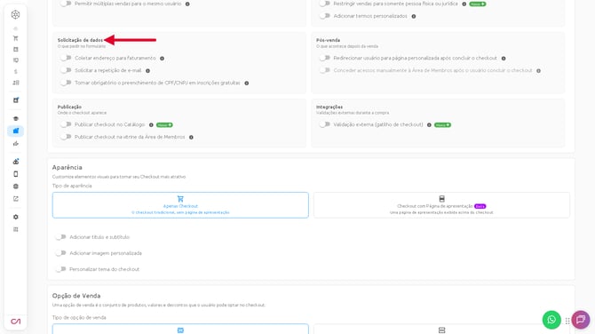 Bloco Solicitação de dados na tela do checkout