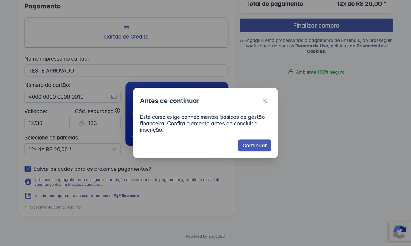 Tela de pagamento do checkout com a janela Antes de continuar aberta depois do clique em Finalizar compra, com a mensagem de aviso e o botão Continuar