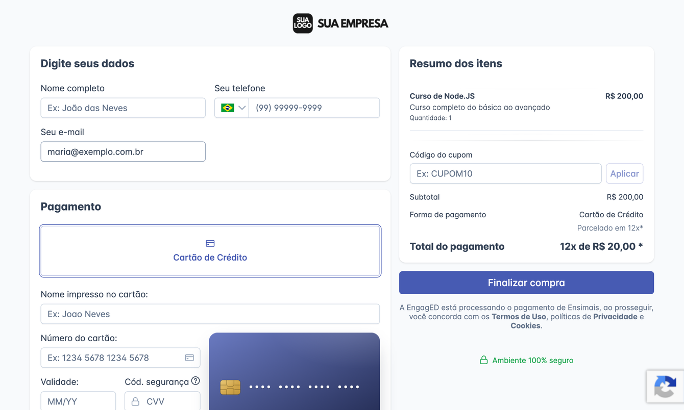 Checkout com o e-mail maria@exemplo.com.br preenchido e nenhuma mensagem na tela, com o formulário liberado para continuar a compra