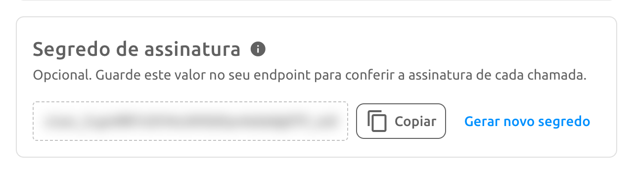 Bloco Segredo de assinatura na tela do gatilho, com o valor oculto, o botão Copiar e a opção Gerar novo segredo
