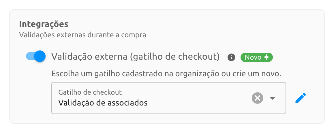 Bloco Integrações com a validação externa ativada e o gatilho Validação de associados selecionado no campo Gatilho de checkout, com o ícone de lápis para editar o gatilho