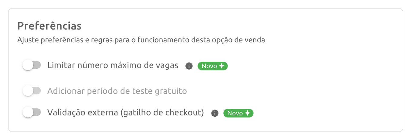 Bloco Preferências de uma opção de venda, com o toggle Validação externa (gatilho de checkout) para ativar a validação só nessa opção