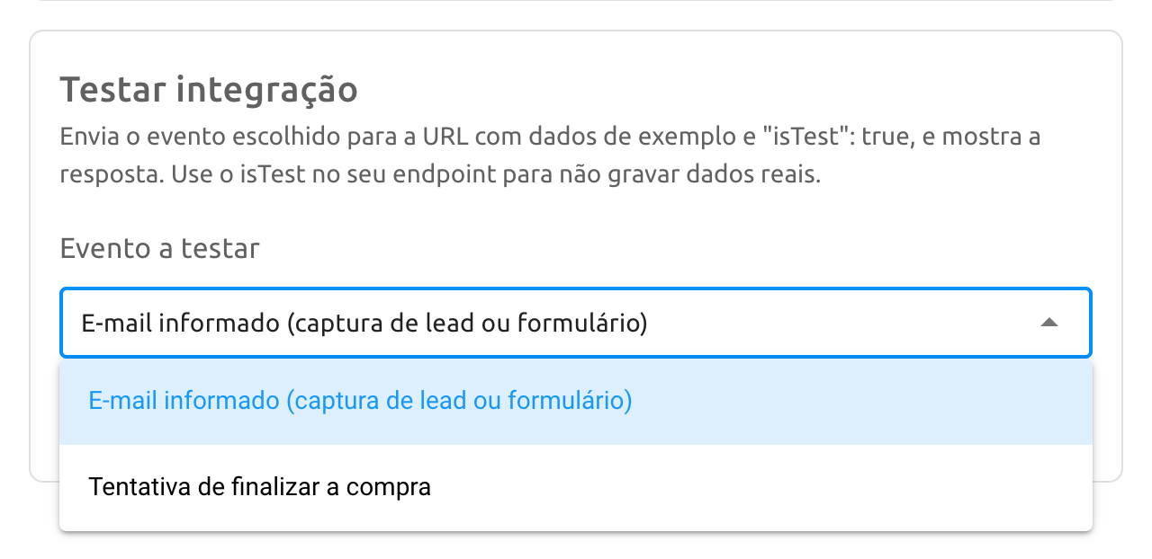 Bloco Testar integração com o campo Evento a testar aberto, mostrando os dois eventos do gatilho